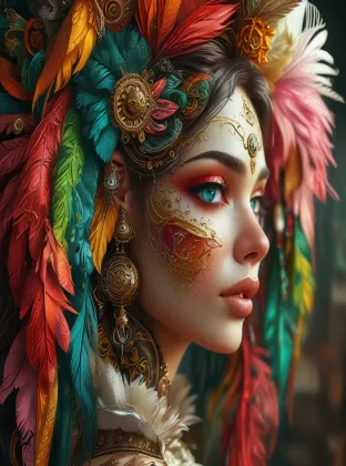 steampunk makeup, in the style of vray tracing, colorful impasto, uhd image, indonesian art, fine feather details with bright red and yellow and green and pink and orange colours, intricate patterns and details, dark cyan and amber makeup. Rich colourful plumes. Victorian style.