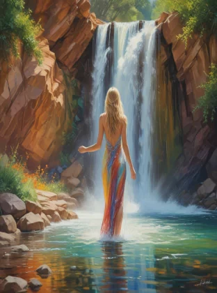 ALBI, ALESSIO, A mesmerizing scene featuring a beautiful woman with long blonde hair, bathed in the cascading waters of a desert waterfall. The surroundings are a vibrant explosion of colors, with the red rocks and green foliage painted in AFREMOV’s signature palette knife technique. The scene is full of texture and depth, with the sunlight creating a kaleidoscope of reflections and the water sparkling in a rainbow of hues