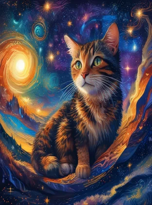 Generate an awe-inspiring and surreal digital painting of a mystical cat adorned with intricate patterns, floating amidst a swirling vortex of vibrant colors and shimmering stars. Capture the essence of Van Gogh's "Starry Night," with bold brushstrokes and a dreamy, otherworldly atmosphere.