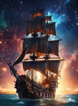 (Illuminated Pirate ship sailing on a sea with a galaxy in the sky), epic, 4k, ultra,