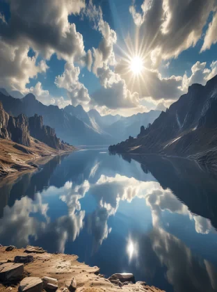 lake on top of a mountain sunlight, bright day, clouds
