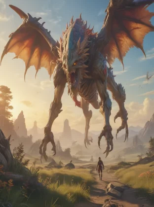 xenoblade landscape, flying alien monstrous beasts inspired by peter mohrbacher, golden hour, hypersharp ue5 photorealistic details, cinematic HDR SSAO RTX, 4k 8k 16k gigapixel render