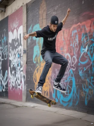 close up shoot, Urban portrait of a skateboarder in mid-jump, graffiti walls background, high shutter speed
