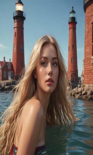 Mermaid, slim and curvy, long blond hair, in the water in front of a red brick lighthouse, wide shot, sharp focus, high detail, 8k, masterpiece, photo, bright light, sharp finish, perfect face, proportional features, perfect eyes, defined lines, vibrant colours, details, digital art, fantasy