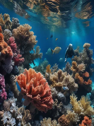 Underwater photography of a coral reef, with diverse marine life and a scuba diver for scale