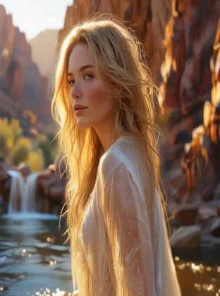 A stunning woman with long blonde hair cascading over her shoulders, standing gracefully in a waterfall set within the rugged beauty of the Nevada desert. The scene is bathed in warm, golden sunlight, highlighting her serene expression and the shimmering water. The landscape features red rock formations and sparse desert flora, all painted in AARONS’ realistic yet romantic style, with meticulous attention to detail and a soft, ethereal glow
