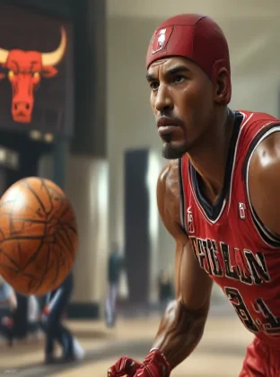 Marvel's Ironman playing basketball, dressed in Chicago Bulls uniform, Chicago Bulls jersey, realistic perspective, xbox 360 graphics, surreal realism, emotive realism, eerily realistic --v 6.0 --s 750 --ar 9:16