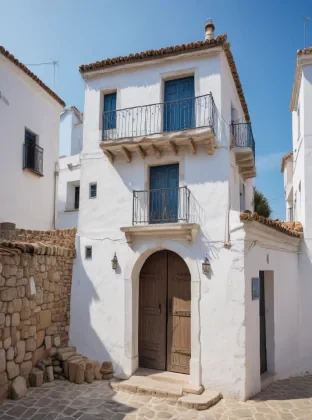 Build, in the style of the popular style houses of the towns of southern Spain, very rustic construction, made of stone and with whitewashed favha using white and light blue in its decoration. Stone roof. Impossible architecture. High contrast