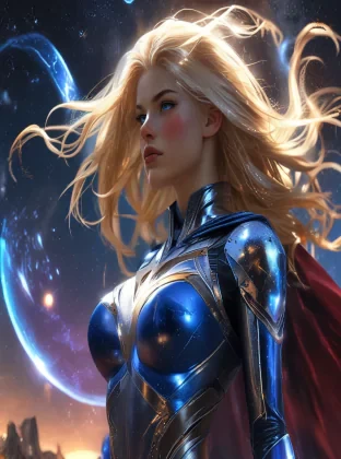 comic-book, DC, marvel, A powerful beautiful blond female superhero standing tall against a cosmic backdrop, with the Milky Way and distant planets visible in the background. She has flowing silver hair and wears an advanced, metallic suit with glowing blue accents, a sleek helmet with a transparent visor, and a cape made of shimmering stardust. Her eyes glow with a fierce, determined light, and she holds a futuristic staff that crackles with energy. The scene is vibrant and detailed, with a sense of epic scale and cosmic energy, 4K resolution