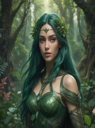 A serene, beautiful woman superhero standing in a lush, magical forest, with flora and fauna reacting to her presence. She has long, green hair intertwined with vines and flowers, and wears a natural armor made of leaves and bark, glowing softly with green energy. Her eyes are a deep, calming green, and she holds a staff entwined with ivy. The background features a detailed forest with vibrant plants, animals, and a sparkling waterfall, all rendered in high detail and vibrant colors, 4K resolution
