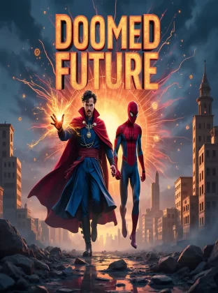A captivating movie poster titled ["DOOMED FUTURE"] with the subtitle ["Doctor Strange & Spider-Man's Time Battle"]. The poster presents [Doctor Strange and Spider-Man] in a [dystopian future, with ruined cities and broken timelines around them]. [Strange's magical energy and Spider-Man’s web-slinging] are emphasized, as they work together to fix the shattered timeline. The design highlights [the urgency and the dire consequences of their mission to save the future]