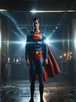 a man in a superman suit standing in a dark room, a hologram by Zack Snyder, featured on cg society, superflat, reimagined by industrial light and magic, dc comics, anamorphic lens flare