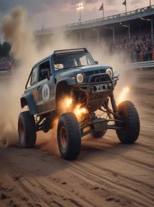 A highly photorealistic image of a off road race track, complete with precise replicas of the world’s most iconic heavy noun, captured at the moment of a sharp turn, with smoke and sparks flying from under the wheels and the noun drifting around the bend. The image captures the excitement of the moment, with happy and noisy fans cheering and waving in the background, (The image is depicted at dusk, with the headlights)