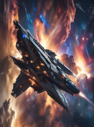 An epic space battleship between futuristic spacecraft, set against a backdrop of swirling nebulas and distant stars, capturing the intensity of interstellar warfare