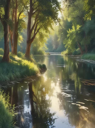 Create an ultra-high resolution, impressionist-style watercolor oil painting of a tranquil pond. Utilize brushstrokes to beautifully blend colors and capture the dynamic interplay of light and color. Focus on achieving a natural, lifelike effect that mimics a photorealistic style, incorporating a warm glow of dappled sunlight filtering through trees. The overall image should evoke a peaceful and serene atmosphere, rendered in exceptional detail to bring the tranquil nature scene to life