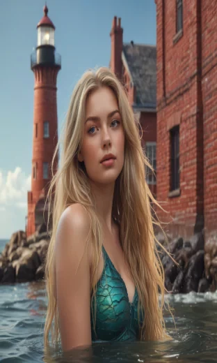 Mermaid, slim and curvy, long blond hair, in the water in front of a red brick lighthouse, wide shot, sharp focus, high detail, 8k, masterpiece, photo, bright light, sharp finish, perfect face, vibrant colours, details, digital art, fantasy