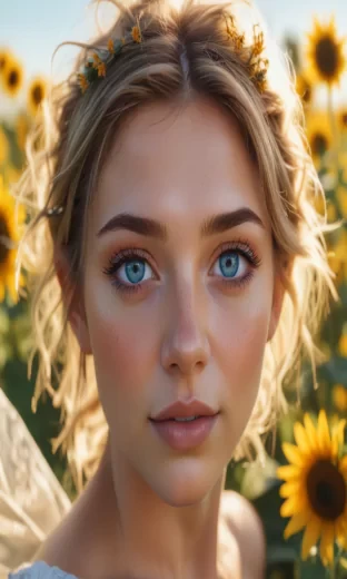 A fantasy fairy, beautiful face, symmetrical features, bright blue eyes, sunflower field, bright light, dreamy vibes, wide angle shot, high quality, 8k