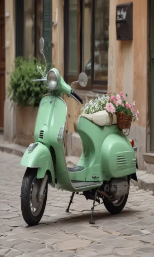 Pastel green vespa, beat, details, shining, Italian old street, paved street, flowers on the windows, perfect lighting, 8k