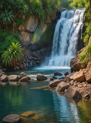 ALBI, ALESSIO, A mesmerizing scene featuring a beautiful woman with long blonde hair, bathed in the cascading waters of a desert waterfall. The surroundings are a vibrant explosion of colors, with the red rocks and green foliage painted in AFREMOV’s signature palette knife technique. The scene is full of texture and depth, with the sunlight creating a kaleidoscope of reflections and the water sparkling in a rainbow of hues