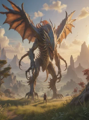 xenoblade landscape, flying alien monstrous beasts inspired by peter mohrbacher, golden hour, hypersharp ue5 photorealistic details, cinematic HDR SSAO RTX, 4k 8k 16k gigapixel render