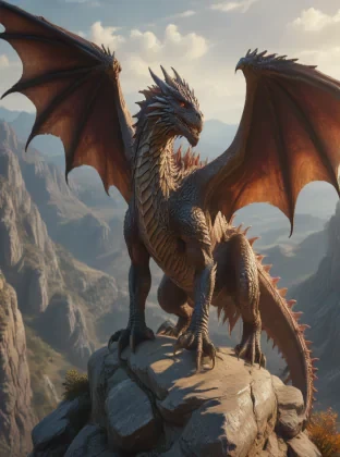 photo realistic, cinematic, game of thrones, A majestic dragon perched on a cliff, scales glistening in the sunlight, detailed wings and claws, a fiery breath, a vast mountainous landscape, vibrant colors, high detail, 4K resolution