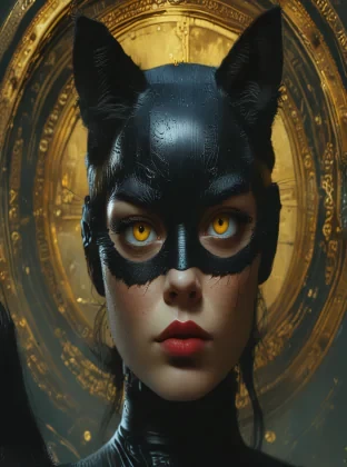 a high quality cinematic scene of a Catwoman, circular pupils, round iris, dark wavy hair, filmed on Sony A7iii, 50mm, f/2.8, film director James Cameron , craig mullins, sergio toppi, beksinski, jeremy mann, influenced by pre-raphaellite, red yellow black, magic realism