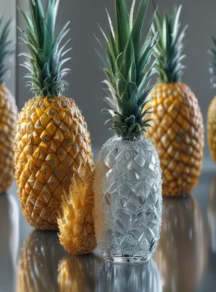 "Create an ultra-realistic, high-definition 8K image of a full pineapple made entirely of clear crystal glass. The pineapple should sparkle, reflecting perfect lighting conditions that highlight its detailed texture and perfect shape. Emphasize the intricacies and light reflections that make the crystal glass look mesmerizing and lifelike."