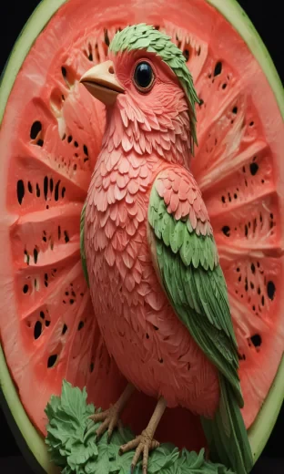 A bird made carved out watermelon, detailed, proper lighting, vibrant colours