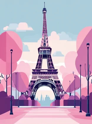 Flat vector art illustration, flat color, Eiffel Tower Paris, pastel blues, pinks and purples, wide angle