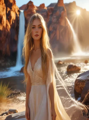 A stunning woman with long blonde hair cascading over her shoulders, standing gracefully in a waterfall set within the rugged beauty of the Nevada desert. The scene is bathed in warm, golden sunlight, highlighting her serene expression and the shimmering water. The landscape features red rock formations and sparse desert flora, all painted in AARONS’ realistic yet romantic style, with meticulous attention to detail and a soft, ethereal glow