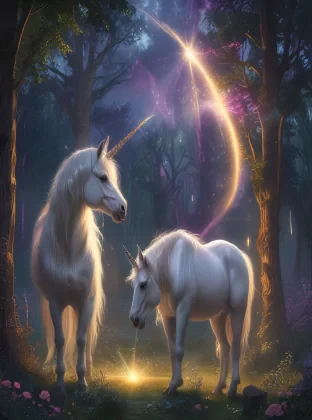 "A \"magical\" scene with a unicorn's horn shining brightly."