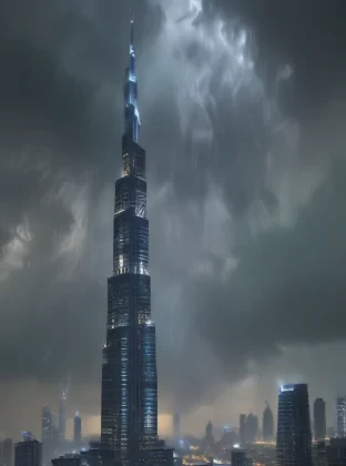 Dubai, burj khalifa during storm, highest quality, 8k