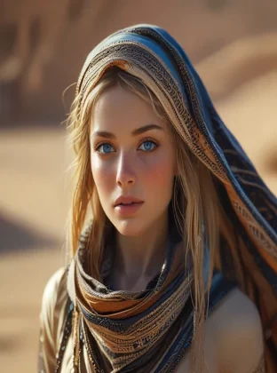 Cinematic Film Still,  35mm, wide-angle, sci-fi, Dune \(series\), sunlight, desert background, wearing Shemagh, solo, perfect body, beautiful tribal blond woman, perfect face, (perfect eyes), blue eyes, long hair, mature, pale skin, bright blue eyes, eyelight, middle east scarf, navel, single pauldron, wide hips, loin cloth, pelvic curtain, thigh strap, walking towards viewer, humid, science fiction, extremely detailed, cowboy shot, medium depth of field, sharp focus, ISO 1000, 1/250s, film grain, grainy, still frame, front view, fremen