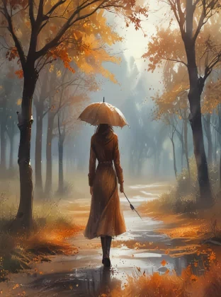 Autumm is here. Windy, light rainy, a woman with an umbrella is wandering through the landscape, atmospheric and oppressive as the sky begins to glow, energy harnessed sporadic glare a sky of emotions, Watercolor, trending on artstation, sharp focus, studio photo, intricate details, highly detailed, by greg rutkowski