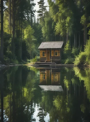 a house is reflected in the water of a lake, canon 5d mark iii photo, wlop : :, summer camp, wide shot of a cabin interior, by Henrik Weber, lush landscaping, canon 5d 50 mm lens, baris yesilbas, dramatic photograph, peacefull