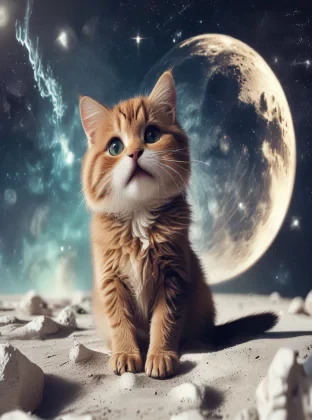 cute cat on the moon, space, bright, funny