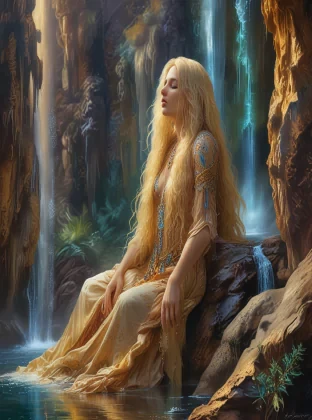 An ethereal artwork depicting a beautiful woman with long, flowing blonde hair, enveloped in a waterfall set in the Nevada desert. The painting features intricate details and rich, jewel-toned colors, with symbolic elements and a mystical atmosphere. The woman's serene and otherworldly presence, along with the dramatic landscape, is rendered in Gustave Moreau's characteristic elaborate and symbolic style