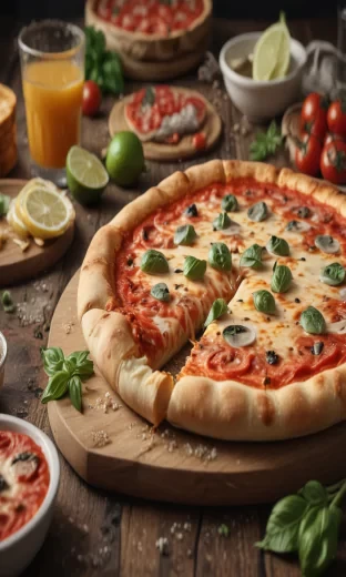 Food photography style, margarita pizza, cheese, delicious, ultra realistic, 8k, Italian restaurant