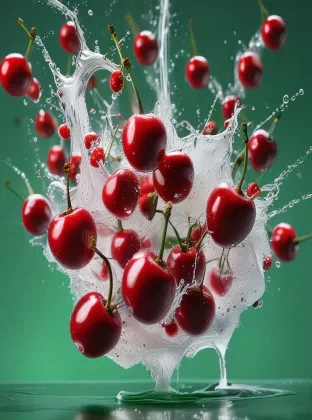 Powerful liquid explosion, red cherries, lots of cherries, Green background, Commercial photography, A bright environment, Studio lighting, OC rendering, Solid color isolated platform, Professional photography, Color classification, Super detail