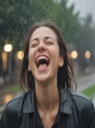 Create an image depicting a person joyously laughing in the rain, captured with a fast camera setting to freeze the motion of the raindrops. The scene should convey happiness and spontaneity, with the raindrops caught in sharp, crystal-clear detail against a blurred background to emphasize the movement and the emotive expression of the subject. Make sure the lighting reflects the mood, possibly with a soft, diffused light that enhances the joyful atmosphere of the moment