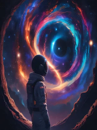 space-themed artwork, a austronaut looking to a black hole, anime style, key visual, vibrant, studio anime, highly detailed, a mysterious image, magical,fantasy, cosmic, dark. cosmic, celestial, stars, galaxies, nebulas, planets, science fiction, highly detailed