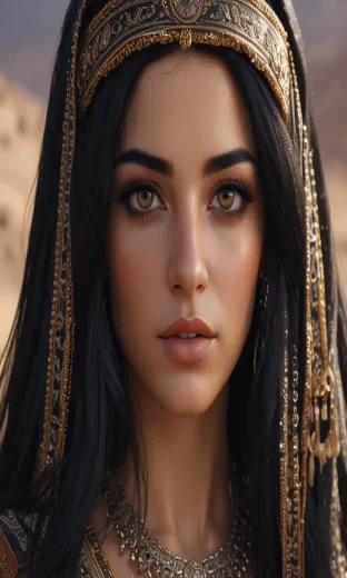 Queen of Arabia, utter beauty, long black hair, (black eyes), (ultra realistic), 8k, bright, (realistic lighting)