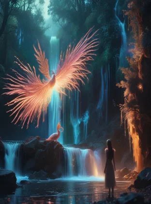 "Cinematic still, filmed by Alfonso Cuar\u00f3n, wide-shot, a creature adorned with luminescent feathers that cascade like a vibrant waterfall, their iridescent glow casting an enchanting shimmer upon the surroundings, mythical creature had stepped into our world, exuding an aura of otherworldly beauty and intrigue