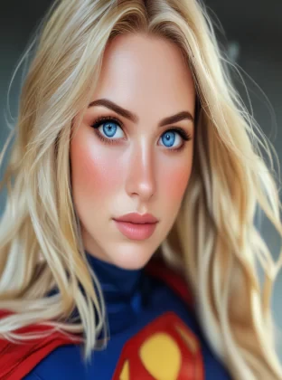 instagram photo of blond superwoman, pretty face, blue eyes, 4K