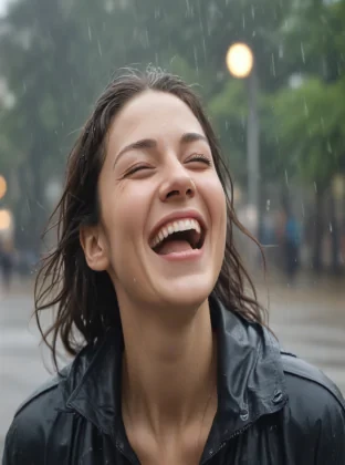 Create an image depicting a person joyously laughing in the rain, captured with a fast camera setting to freeze the motion of the raindrops. The scene should convey happiness and spontaneity, with the raindrops caught in sharp, crystal-clear detail against a blurred background to emphasize the movement and the emotive expression of the subject. Make sure the lighting reflects the mood, possibly with a soft, diffused light that enhances the joyful atmosphere of the moment