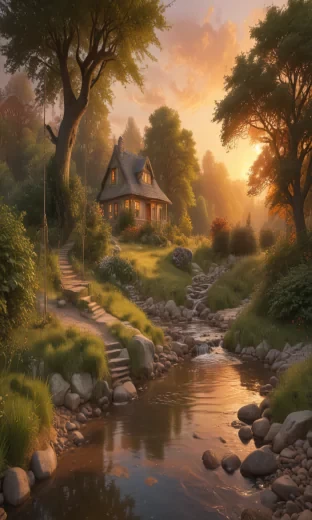 A cottage, next to a stream, cozy, warm colours, green trees, ( swing ), cloudy orange skies, fantasy art style, realistic fantasy, warm colour palette, sunset time