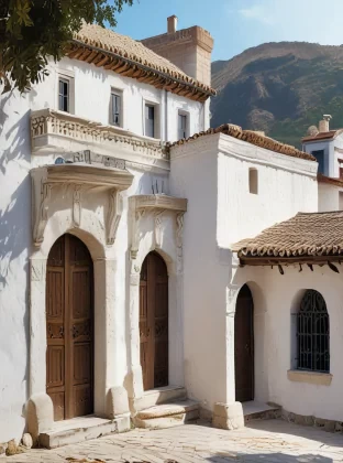 Build, in the style of the popular style houses of the towns of southern Spain, very rustic construction, made of stone and with whitewashed favha using white and light blue in its decoration. Stone roof. Impossible architecture. High contrast
