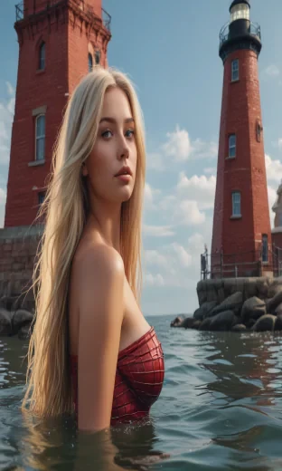 Mermaid, slim and curvy, long blond hair, in the water in front of a red brick lighthouse, wide shot, sharp focus, high detail, 8k, masterpiece, photo, bright light, sharp finish, perfect face, proportional features, perfect eyes, defined lines, vibrant colours, details, digital art, fantasy