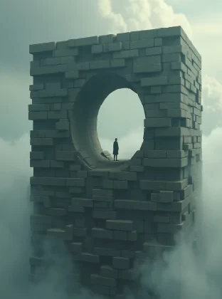 A massive, towering cube structure made up of interlocking stone blocks. At its center, there's a large, circular hole, seemingly carved out of the structure. A solitary figure stands in this hole, gazing into the abyss below. The backdrop is cloudy and moody, suggesting an otherworldly or surreal setting.