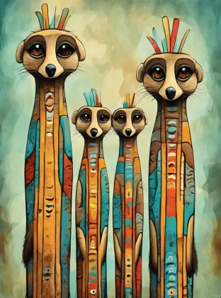 abstract painting , family of meerkats as totem poles, surreal. whimsical, style of Wysocki